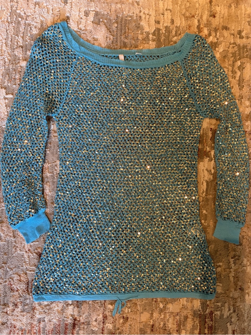 Y2K Turquoise Sequin Crochet Three-Quarter Sleeve Top
